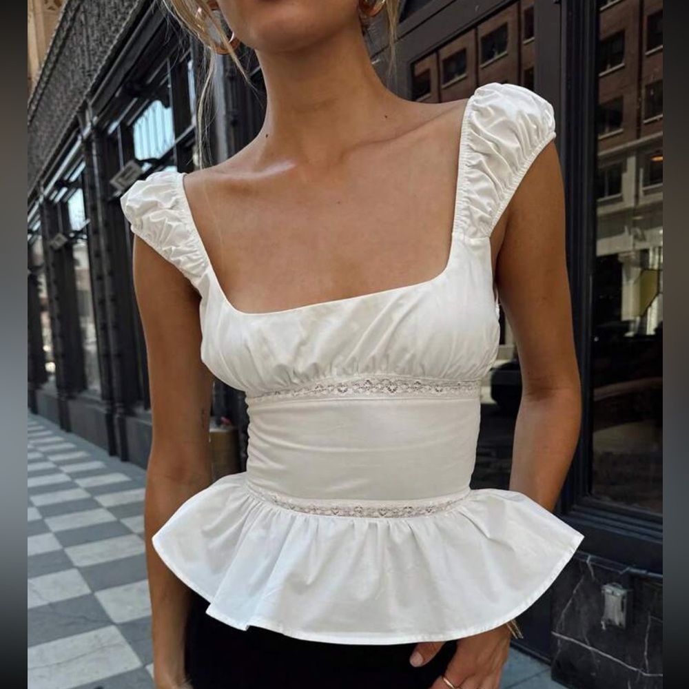 White peplum embroidered trim fit & flare top